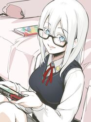  1girl asutora asutora-chan black-framed_eyewear blue_eyes breasts eyebrows_visible_through_hair glasses holding_handheld_game_console long_sleeves looking_at_viewer medium_breasts nintendo_switch open_mouth original red_neckwear red_ribbon ribbon school_uniform sitting smile solo white_hair 