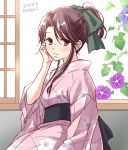  1girl alternate_costume brown_eyes brown_hair commentary_request cowboy_shot flower hair_intakes japanese_clothes jintsuu_(kantai_collection) kantai_collection kimono leaf long_hair looking_at_viewer morning_glory pink_kimono ponytail solo u0709 window yukata 