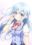  1girl bangs blue_eyes blue_hair bow bowtie closed_mouth collared_shirt dress_shirt eyebrows_visible_through_hair floating_hair gochuumon_wa_usagi_desu_ka? hair_between_eyes hair_ornament highres kafuu_chino keito4f long_hair looking_at_viewer red_bow red_neckwear shiny shiny_hair shirt short_sleeves simple_background smile solo standing upper_body very_long_hair vest white_background white_shirt wing_collar x_hair_ornament 