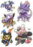  bear bewear black_eyes chandelure chandelure_(cosplay) clothed_pokemon commentary cosplay drifblim drifblim_(cosplay) drifloon dusclops dusclops_(cosplay) eevee english_commentary espeon gen_1_pokemon gen_2_pokemon gen_3_pokemon gen_4_pokemon gen_7_pokemon halloween hat hatted_pokemon highres looking_at_viewer mismagius mismagius_(cosplay) one_eye_closed pikachu pinkgermy pokemon signature simple_background standing standing_on_one_leg violet_eyes white_background zubat zubat_(cosplay) 