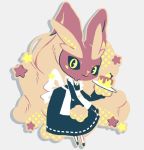  black_dress black_sclera bunny_focus cake closed_mouth clothed_pokemon commentary creature dress english_commentary food full_body gen_4_pokemon looking_at_viewer lopunny no_humans pinkgermy plate pokemon pokemon_(creature) rabbit smile solo yellow_eyes 