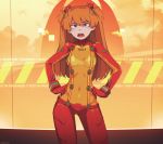  1girl absurdres blue_eyes bodysuit breasts evangelion:_2.0_you_can_(not)_advance eyebrows_visible_through_hair hands_on_hips highres huge_filesize long_hair looking_at_viewer medium_breasts neon_genesis_evangelion once_11h open_mouth plugsuit rebuild_of_evangelion redhead shikinami_asuka_langley solo souryuu_asuka_langley test_plugsuit 