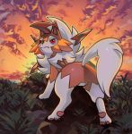 clouds cloudy_sky commentary english_commentary gen_7_pokemon grass highres horizon lycanroc lycanroc_(dusk) no_humans outdoors pinkgermy pokemon pokemon_(creature) red_eyes sky solo sunset tail 