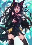  1girl :o absurdres animal_ears bangs bare_shoulders black_hair blue_eyes commentary_request copyright_request fang hair_between_eyes highres kaamin_(mariarose753) long_hair looking_at_viewer open_mouth tail thigh-highs 