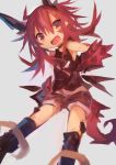 1girl :d absurdres animal_ears bangs black_legwear black_shorts commentary_request copyright_request fang hair_between_eyes highres jewelry kaamin_(mariarose753) looking_at_viewer necklace open_mouth red_eyes redhead short_shorts shorts simple_background smile tail 