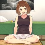  1girl alternate_costume arm_support bangs bare_shoulders barefoot bed bedroom black_shirt black_tank_top blush boku_no_hero_academia breasts brown_eyes brown_hair character_doll collarbone crotch_seam highres indian_style indoors kobaji looking_at_viewer medium_breasts on_floor open_mouth pillow shirt short_hair shorts sidelocks sitting sleeveless sleeveless_shirt smile solo tank_top thick_eyebrows uraraka_ochako white_shorts 