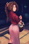  1girl aerith_gainsborough aqua_eyes ass basket braid brown_hair carlos_eduardo commentary dress final_fantasy final_fantasy_vii flower from_behind highres lips long_hair looking_back nose pantylines pink_dress solo 