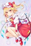  1girl absurdres ascot bangs blonde_hair bubble closed_mouth commentary_request crystal eyebrows_visible_through_hair flandre_scarlet full_body hair_between_eyes hand_up hat highres looking_at_viewer miy@ mob_cap puffy_short_sleeves puffy_sleeves red_eyes red_footwear red_skirt shoes short_hair short_sleeves side_ponytail skirt socks solo touhou white_headwear wings wrist_cuffs yellow_neckwear 
