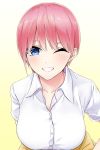  1girl ;d absurdres blue_eyes breasts cardigan_around_waist clothes_around_waist commentary_request go-toubun_no_hanayome grin highres large_breasts looking_at_viewer nakano_ichika one_eye_closed open_mouth pink_hair school_uniform shirt short_hair smile solo teeth white_shirt yumemo 