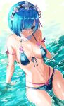  1girl bikini blue_bikini blue_eyes blue_hair breasts commentary_request flower hair_flower hair_ornament hair_over_one_eye hairband highres looking_at_viewer medium_breasts partially_submerged re:zero_kara_hajimeru_isekai_seikatsu rem_(re:zero) short_hair sitting solo swimsuit thundergotch water x_hair_ornament 