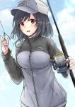  1girl alternate_costume baseball_cap black_hair blue_sky clouds commentary_request fishing_hook fishing_line fishing_rod hat holding holding_fishing_rod jewelry kantai_collection looking_at_viewer red_eyes ring shohei_(piranha5hk) short_hair sky solo two-tone_jacket upper_body wedding_band yamashiro_(kantai_collection) 