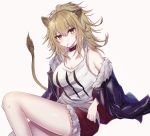  1girl animal_ears arknights bangs bare_shoulders black_choker black_jacket blush breasts brown_hair choker commentary_request eyebrows_visible_through_hair feet_out_of_frame fur-trimmed_shorts fur_trim grey_background hair_between_eyes highres jacket large_breasts lion_ears lion_tail long_hair looking_at_viewer off_shoulder open_clothes open_jacket red_shorts ruchita short_shorts shorts siege_(arknights) simple_background sitting solo tail tail_raised tank_top thighs white_tank_top yellow_eyes 