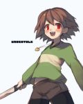  1other androgynous blush brown_hair chara_(undertale) heart jewelry knife looking_at_viewer necklace open_mouth oshiruko_(tsume) pantyhose red_eyes shirt short_hair shorts simple_background smile solo striped striped_shirt striped_sweater sweater undertale 