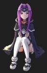  1girl black_background black_cape black_leotard cape closed_mouth collar doraski fate/grand_order fate_(series) faulds full_body hair_intakes highres leotard long_hair looking_at_viewer medusa_(lancer)_(fate) purple_hair shiny shiny_hair simple_background sitting smile solo straight_hair thigh-highs very_long_hair violet_eyes white_legwear 