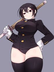  1girl amagaeru_(hylathewet) black_eyes black_hair black_legwear black_panties breasts gakuran gloves hair_between_eyes hand_on_hip highres looking_at_viewer original panties school_uniform shinai short_hair solo sword thigh-highs underwear weapon white_gloves 