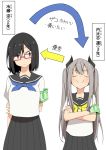  2girls armband black_eyes black_hair closed_eyes crossed_arms directional_arrow doyagao fang glasses height_difference long_hair multiple_girls original salpin school_uniform short_hair silver_hair skin_fang twintails white_background 