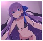  1girl all_fours bikini black_bikini chan_co choker eyebrows_visible_through_hair fate/grand_order fate_(series) flat_chest from_below grin hair_between_eyes hair_ribbon long_hair looking_at_viewer meltryllis meltryllis_(swimsuit_lancer)_(fate) navel purple_hair ribbon ribbon_choker sidelocks smile solo string_bikini sweat swimsuit very_long_hair 