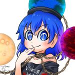  1girl avatar_icon black_shirt blue_eyes blue_hair chain chamaji clothes_writing collar commentary earth_(ornament) eyebrows_visible_through_hair hair_between_eyes hand_to_own_mouth hecatia_lapislazuli looking_at_viewer lowres moon_(ornament) off-shoulder_shirt off_shoulder polos_crown shirt signature solo t-shirt touhou upper_body white_background 
