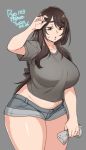  1girl 2020 agawa_ryou belly breasts brown_eyes brown_hair commentary curvy grey_background large_breasts long_hair looking_down original parted_lips plump short_shorts shorts simple_background solo sweatdrop thick_thighs thighs wide_hips 