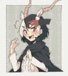  1girl antelope_ears antelope_horns black_cape black_hair blackbuck_(kemono_friends) blush cape center_frills commentary_request embarrassed extra_ears eyebrows_visible_through_hair hand_in_hair high_collar highres kemono_friends long_sleeves mujirushi_illust multicolored_hair open_mouth red_eyes shirt short_hair solo surprised sweatdrop upper_body white_hair white_shirt 