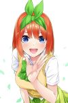  1girl :d absurdres blue_eyes blush bow breasts commentary_request go-toubun_no_hanayome green_bow green_neckwear green_ribbon green_skirt highres large_breasts leaning_forward looking_at_viewer nakano_yotsuba open_mouth orange_hair ribbon school_uniform shirt short_hair skirt smile solo sweater white_shirt yumemo 