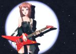  1girl :o absurdres bang_dream! bangs bare_shoulders black_background black_dress black_legwear black_sleeves breasts brown_hair cable collarbone commentary_request cowboy_shot detached_sleeves dress drop_shadow electric_guitar esp_guitars eyebrows_visible_through_hair frilled_dress frills guitar hair_ornament highres holding holding_instrument instrument looking_at_viewer medium_breasts medium_hair music nishinomiya_suzu open_mouth parody playing_instrument sidelocks solo spotlight standing star star_hair_ornament strapless strapless_dress thigh-highs tokyo_jihen toyama_kasumi upper_teeth violet_eyes 