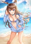  1girl :d absurdres amiya_(arknights) animal_ears arknights bangs beach bikini blue_bikini blue_choker blue_eyes blue_jacket blue_sky blush brown_hair choker clouds commentary_request day eyebrows_visible_through_hair feet_out_of_frame hair_between_eyes hand_in_hair hand_on_hip hand_up highres hood hooded_jacket jacket leaning_forward long_hair long_sleeves looking_at_viewer navel ocean open_mouth outdoors rabbit_ears sky smile solo standing stomach striped striped_bikini swimsuit thighs very_long_hair water water_drop zeroillya 