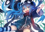  1girl :d absurdres animal_ears arm_up bamboo blue_eyes blue_hair commentary_request copyright_request creature highres kaamin_(mariarose753) leaf looking_at_viewer open_mouth panda_ears red_scarf scarf smile thigh-highs 