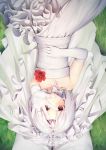  1girl absurdres bridal_veil bride dress elbow_gloves flat_chest gloves highres lying on_back ray_(pixiv9514208) red_eyes short_hair solo_focus tiara veil vittorio_veneto_(warship_girls_r) warship_girls_r wedding_dress white_dress white_gloves white_hair 