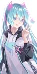  1girl :d azarasi_haru blue_eyes blue_hair hair_between_eyes hair_ornament hatsune_miku heart heart_print highres jacket long_hair long_sleeves open_clothes open_jacket open_mouth print_sweater simple_background smile solo standing sweater v very_long_hair vocaloid white_background white_sweater 