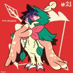  bird bird_focus character_name claws commentary creature decidueye english_commentary full_body gen_7_pokemon no_humans number pokemon pokemon_(creature) pokemon_number red_background simple_background solo standing tonestarr 