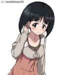  1girl artist_name bangs black_eyes black_hair blunt_bangs bob_cut brown_dress casual closed_mouth commentary dress eyebrows_visible_through_hair girls_und_panzer gotou_moyoko hand_on_ear kayabakoro leaning_forward light_blush long_sleeves looking_at_viewer short_hair simple_background sketch smile solo standing twitter_username white_background 