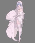  1girl bangs blue_hair bob_cut bridal_veil brown_eyes dress flower full_body girls_frontline grey_background hair_flower hair_ornament headband high_heels highres jewelry looking_at_viewer necklace nineo short_hair signature solo thigh-highs veil wedding_dress white_dress white_legwear zas_m21_(girls_frontline) 