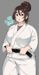  1girl 2020 agawa_ryou artist_name belt black_belt breasts brown_eyes brown_hair commentary dated dougi grey_background hair_ornament hairclip huge_breasts karate_gi lips long_hair looking_at_viewer original ponytail signature simple_background solo thick_thighs thighs 