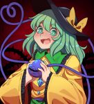  1girl black_headwear bow collared_shirt eyeball frilled_sleeves frills green_eyes green_hair green_skirt hat hat_bow hat_ribbon komeiji_koishi lanalopez92 long_sleeves ribbon shirt skirt solo string third_eye touhou wide_sleeves yellow_bow yellow_ribbon yellow_shirt 