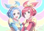  2girls :d blue_hair bow hair_bow hojo_kita looking_at_viewer minun multiple_girls open_mouth personification plusle pokemon redhead short_hair simple_background smile standing upper_body 