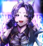  1girl :d black_gloves black_neckwear butterfly_hair_ornament gloves gradient_hair hair_intakes hair_ornament half_gloves headset highres idol kimetsu_no_yaiba kochou_shinobu long_sleeves looking_at_viewer microphone multicolored_hair necktie open_mouth purple_hair reaching_out shiny shiny_hair short_hair smile solo stage upper_body uri_1222 violet_eyes 