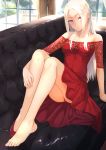  1girl ass bare_shoulders barefoot breasts couch dress edelgard_von_hresvelg fire_emblem fire_emblem:_three_houses fukuroumori highres indoors long_hair looking_at_viewer panties red_dress red_panties sitting solo underwear violet_eyes white_hair 