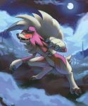  claws clouds cloudy_sky commentary creature dark english_commentary fog full_body full_moon gen_7_pokemon grass lycanroc lycanroc_(midnight) moon night night_sky no_humans outdoors pinkgermy pokemon pokemon_(creature) red_eyes sharp_teeth sky solo standing star_(sky) starry_sky teeth 