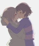  2others 8-4 androgynous blush brown_hair chara_(undertale) closed_eyes frisk_(undertale) hood hoodie kiss multiple_others oshiruko_(tsume) queer shirt short_hair simple_background sketch striped striped_shirt striped_sweater sweater toby_fox_(publisher) underswap undertale 
