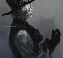  1boy artist_name ascot closed_mouth from_side gloves goggles goggles_on_headwear gradient gradient_background hat long_sleeves male_focus monochrome one_piece sabo_(one_piece) shirt short_hair solo top_hat tsuyomaru upper_body vest 