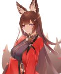  1girl amagi_(azur_lane) animal_ears azur_lane bangs black_kimono blunt_bangs bodystocking breasts brown_hair cha_kurage coat finger_to_mouth fox_ears fox_girl fox_tail hair_ornament highres japanese_clothes kimono kitsune large_breasts long_hair multiple_tails red_coat simple_background solo tail thick_eyebrows very_long_hair violet_eyes wide_sleeves 