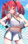  1girl alternate_hair_color aqua_hair azur_lane bangs bare_shoulders blue_sky bow breasts bremerton_(azur_lane) bremerton_(scorching-hot_training)_(azur_lane) chain-link_fence clouds commentary_request cowboy_shot crop_top day fence goroo_(eneosu) hair_between_eyes hair_bow hair_ornament hairclip heart heart_necklace highres large_breasts long_hair midriff multicolored_hair navel outdoors pink_eyes pink_hair shirt sky sleeveless sleeveless_shirt standing streaked_hair sunlight thighs twintails two-tone_hair two-tone_shirt two-tone_skirt x_hair_ornament 