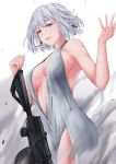  1girl ashes breasts dress girls_frontline highres large_breasts looking_at_viewer open_clothes open_dress rpk-16 rpk-16_(girls_frontline) sam_(metalibon) short_hair silver_dress silver_hair smile snow solo violet_eyes weapon white_background white_hair 