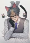  1boy animal_ears bangs black_gloves blonde_hair blue_neckwear cat cat_ears cat_tail commentary_request doubutsu_no_mori glasses gloves green_eyes grey_hair grey_sweater highres jack_(doubutsu_no_mori) long_sleeves looking_at_viewer lying male_focus micha multiple_views necktie on_stomach open_mouth personification shirt sweater tail white_shirt 