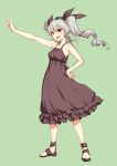  1girl :d anchovy_(girls_und_panzer) arm_up bangs bare_arms bare_shoulders black_dress black_footwear black_ribbon blush breasts collarbone commentary_request dress drill_hair eyebrows_visible_through_hair frilled_dress frills full_body girls_und_panzer hair_ribbon hand_on_hip highres open_mouth outstretched_arm red_eyes ribbon sakaki_imasato sandals silver_hair sleeveless sleeveless_dress small_breasts smile solo standing twin_drills twintails v v-shaped_eyebrows 