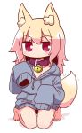  1girl alternate_costume animal_ear_fluff animal_ears bangs barefoot bell bell_collar blonde_hair blush brown_collar closed_mouth collar collarbone drawstring eyebrows_visible_through_hair fox_ears fox_girl fox_tail full_body grey_hoodie hair_between_eyes highres hood hood_down hoodie jingle_bell kemomimi-chan_(naga_u) kneeling long_hair long_sleeves looking_at_viewer naga_u original red_eyes shadow sleeves_past_fingers sleeves_past_wrists solo tail white_background 