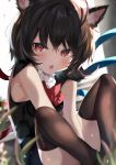  1girl :o animal_ears asymmetrical_wings bangs bare_shoulders black_dress black_hair black_legwear blue_wings blush bow bowtie cat_ears commentary_request dress eyebrows_visible_through_hair fang feet_out_of_frame hair_between_eyes highres houjuu_nue kemonomimi_mode knees_up looking_at_viewer petals red_bow red_eyes red_neckwear red_wings satoupote short_hair sitting sleeveless sleeveless_dress solo thigh-highs thighs touhou wings 