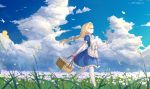  1girl absurdres alice_schuberg apron basket bird blonde_hair blue_dress blue_sky blurry_foreground bow braid braided_ponytail clouds day dress field floating_hair flower flower_field frilled_dress frills grass hair_bow hair_intakes hairband highres holding holding_basket huijin_zhi_ling long_hair low-tied_long_hair medium_dress outdoors ponytail scenery short_sleeves sky solo sword_art_online very_long_hair walking white_apron white_bow white_flower white_hairband white_legwear 