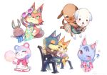  3boys 5girls animal_ears apron artist_name bear beguru_(doubutsu_no_mori) bench blonde_hair blue_dress blue_hair blue_shirt blush bouquet_(doubutsu_no_mori) brown_jacket cat cat_ears character_request check_character chief_(doubutsu_no_mori) closed_eyes dog doubutsu_no_mori dress eyewear_on_head furry hug hug_from_behind jacket looking_at_viewer misuzu_(doubutsu_no_mori) monika_(doubutsu_no_mori) multiple_boys multiple_girls orange_hair pink_dress rabbit robo_(doubutsu_no_mori) ryota_(ry_o_ta) santos_(doubutsu_no_mori) shirt short_sleeves simple_background sitting sleeping smile sunglasses tail vanilla_(doubutsu_no_mori) white_apron white_background wolf wolf_ears wolf_tail 